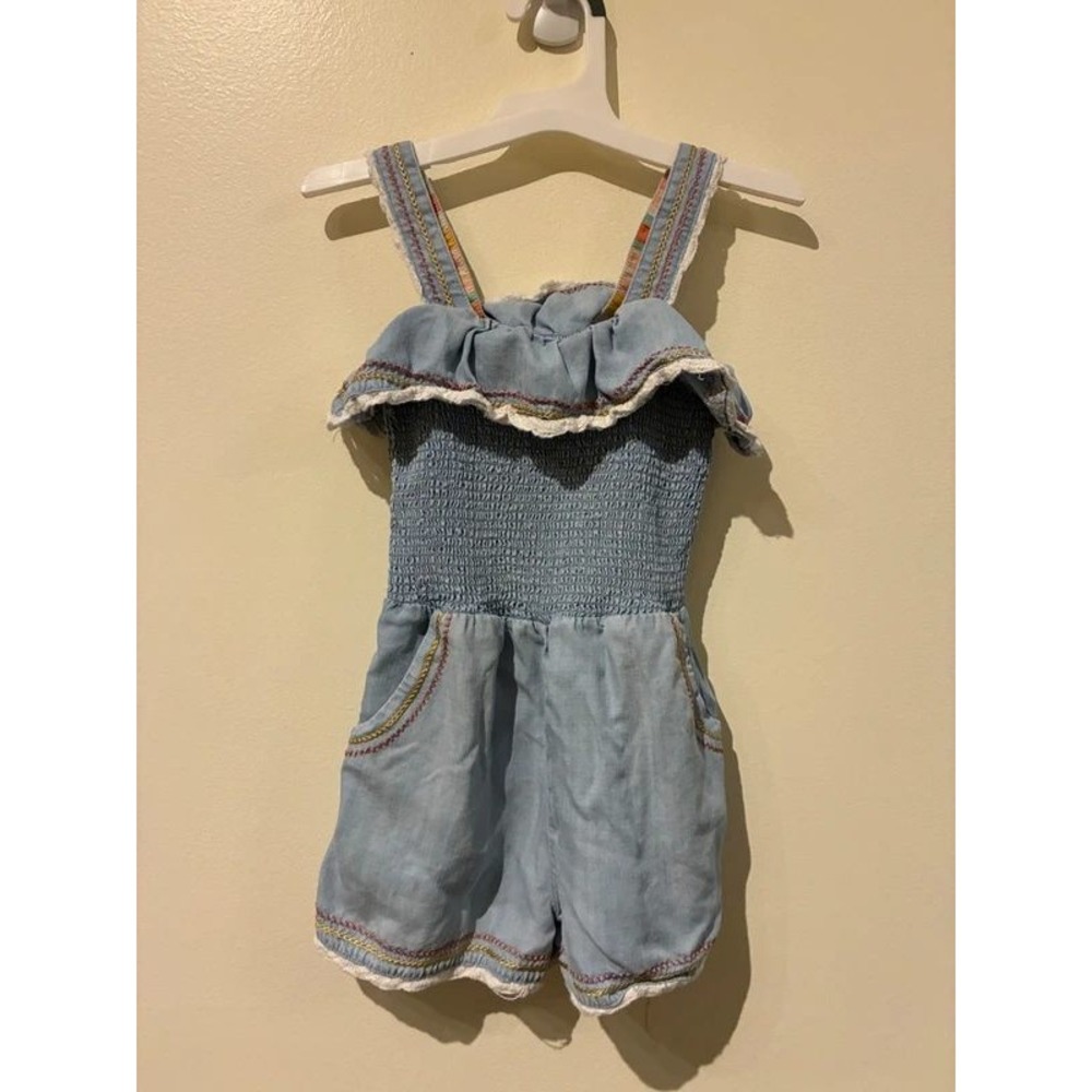 Matilda Jane Girls Blue Lyocell Smocked Ruffle Embroidered Romper Size 6